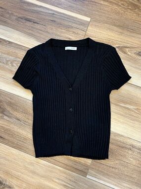 Ribbed Short Sleeve Knit Black Button Down Top
